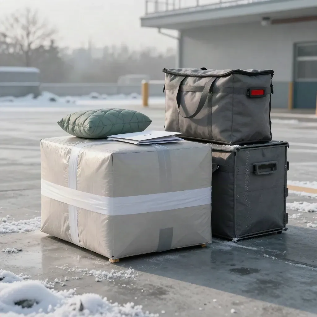 Courier parcel stack, insulated pouch, tote and crate on a snowy loading bay in hard winter sun.