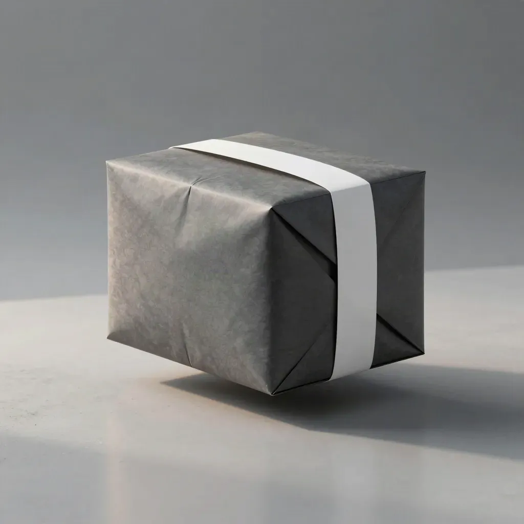 Floating matte parcel cube with a white band on cool gray, lit from upper left