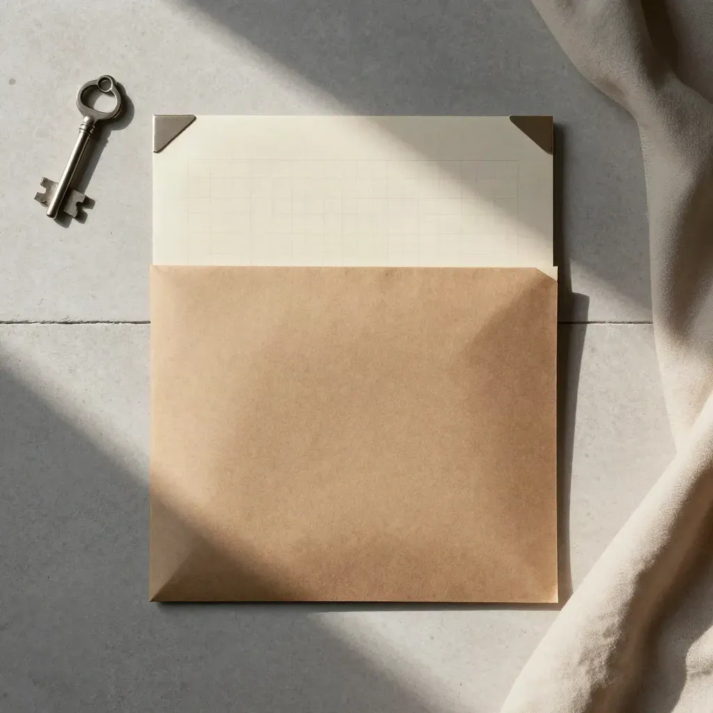 Overhead flatlay of a courier sleeve in cream linen with kraft wrap and corner case