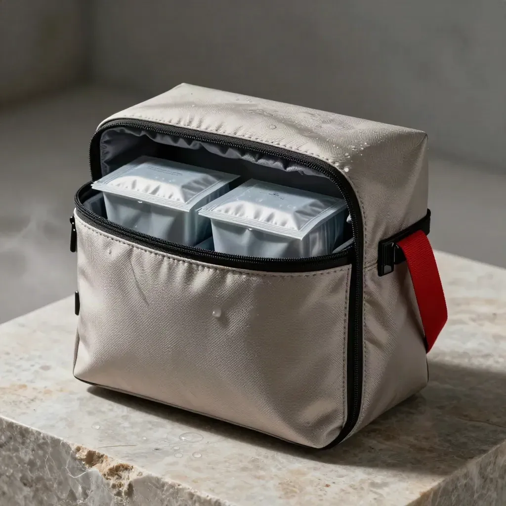 Condensation-beaded insulated medical courier pouch with chill packs on stone, low macro view.