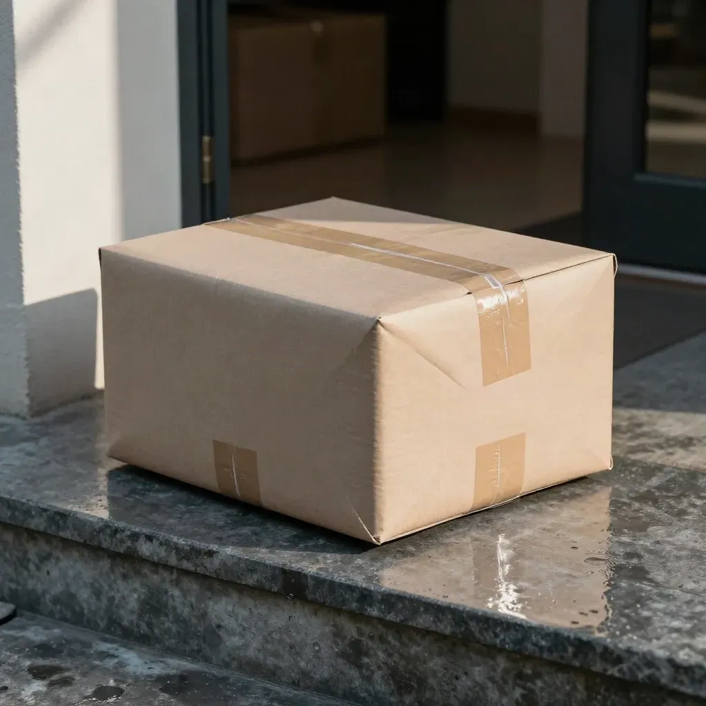 Wet stoop parcel landing with two cartons at a doorstep, seen close to the ground.
