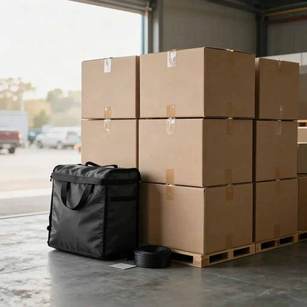 Stacked retail cartons, dispatch tote and cargo strap on concrete by a bright dock opening.