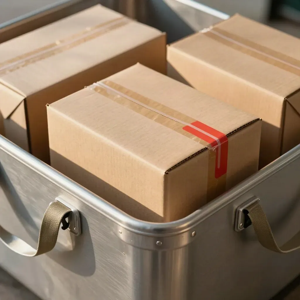 Brushed aluminum tote with moving parcels, red accent tab, soft warehouse blur.