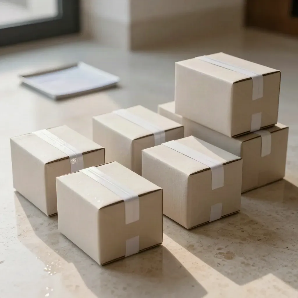 Five parcel boxes on wet travertine, aligned in a route with a white band and blurred dispatch card.