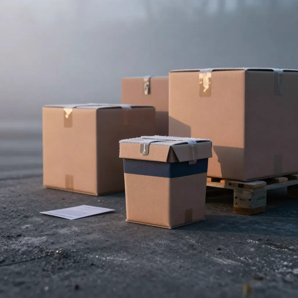 Frosted sealed delivery cartons on dark concrete in pre-dawn fog.