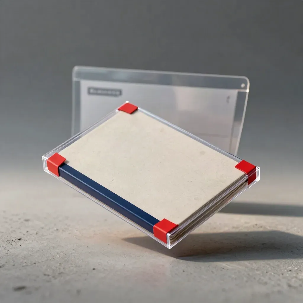 Compact express parcel module in clear sleeve, red band, hovering above concrete in studio light