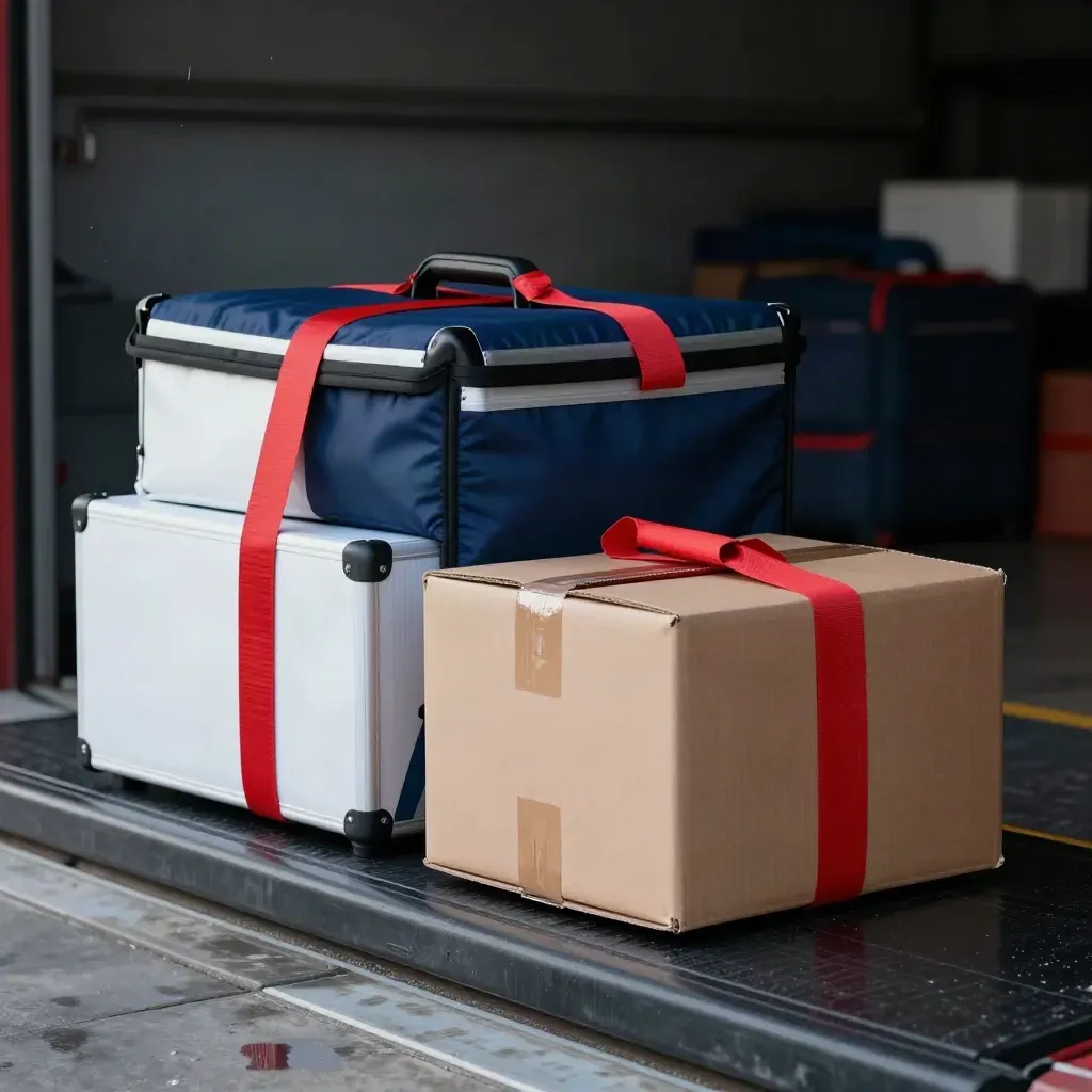Stacked courier parcels and route cases on a dark dock, lit dramatically with red strap accents.
