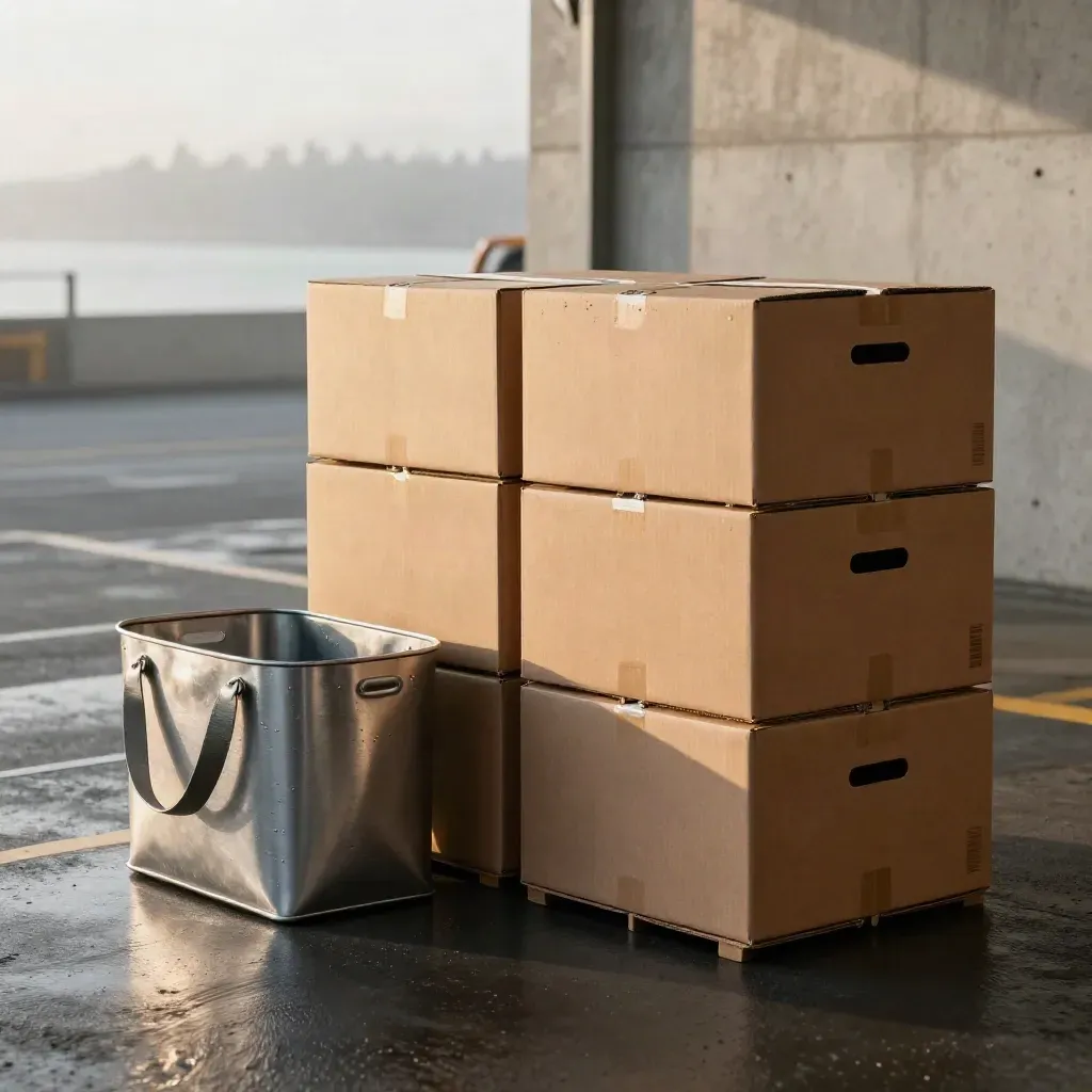 Eight retail cartons with metal tote and cargo strap in a misty loading dock scene.