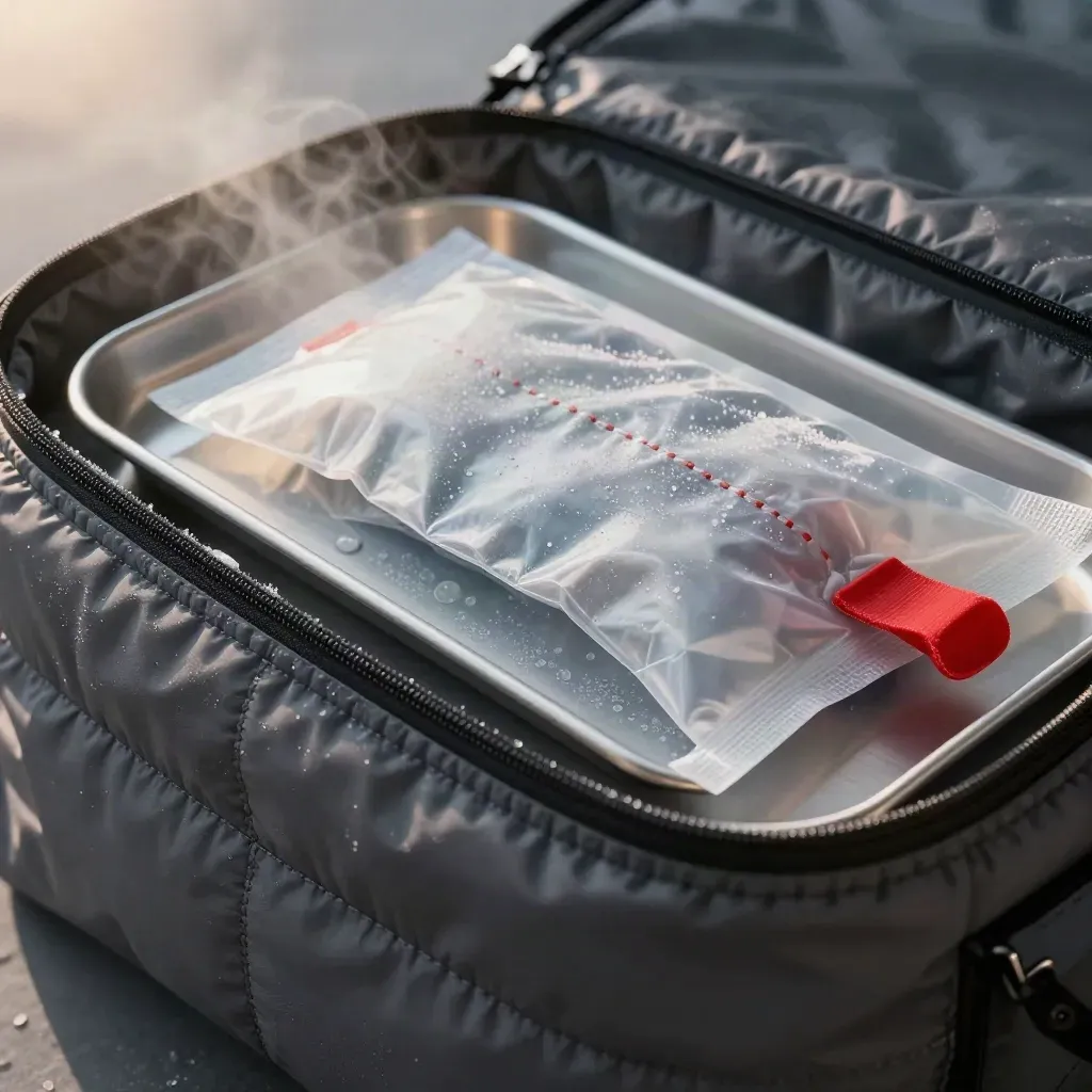 Macro of a medical courier pouch, gel packs and a chilled sealed tray on brushed steel.