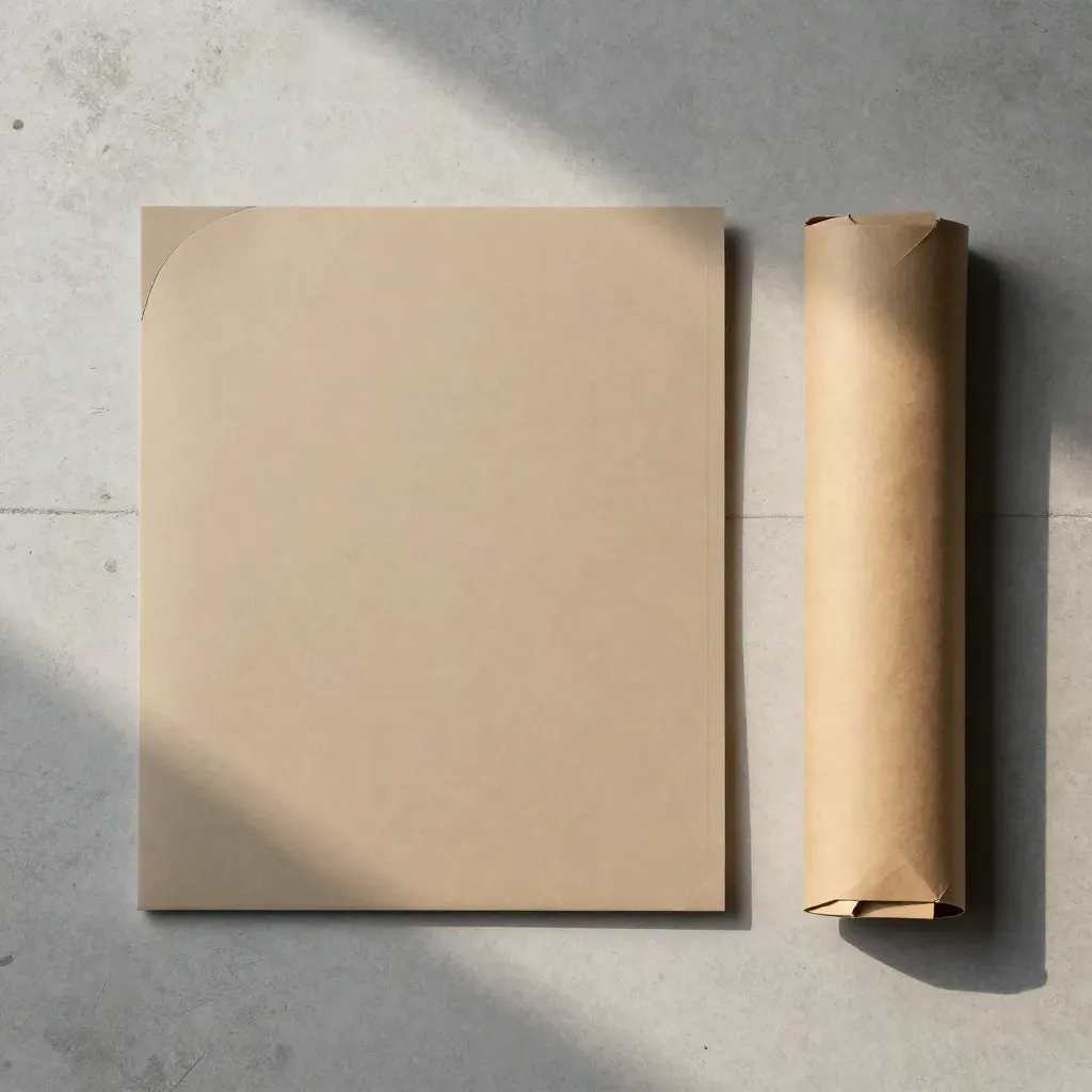 Overhead flatlay of document courier sleeve, folder and kraft wrap on pale concrete.