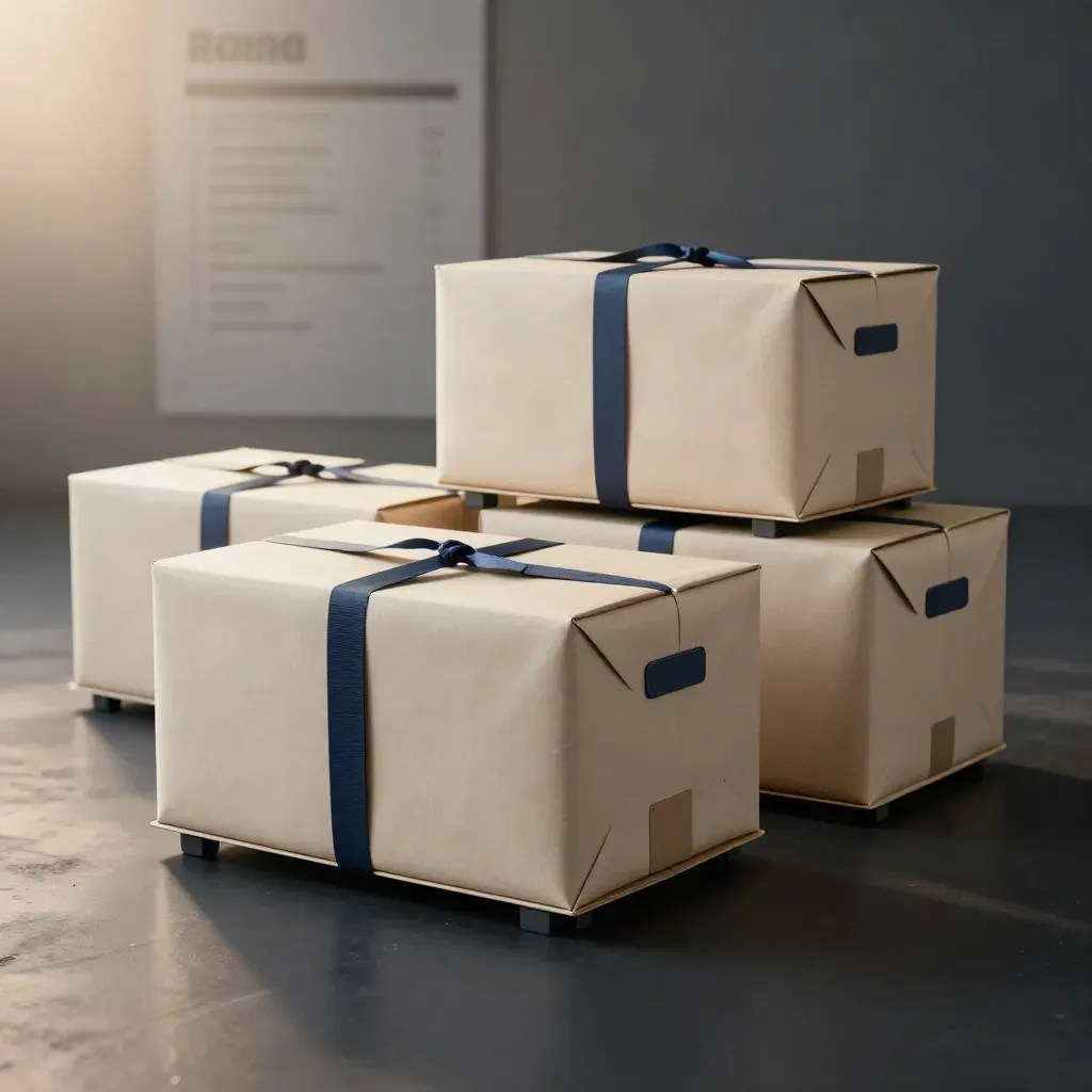 Three parcel crates stepped in a route cadence on a dark studio floor with cool rim light.