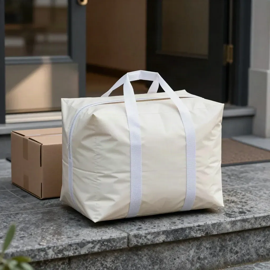 Floor-level delivery scene on a limestone stoop with parcels and a tote in soft light.