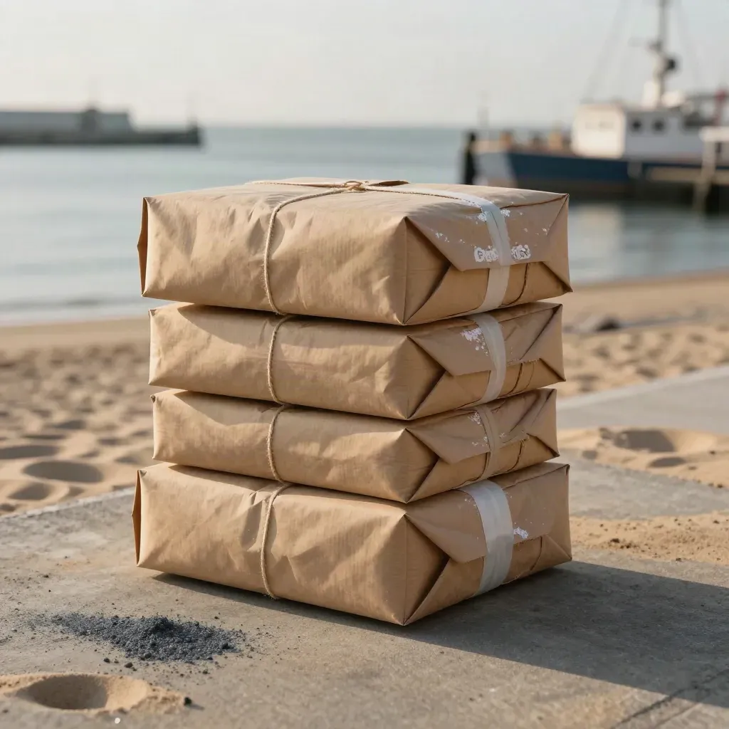 Salt-damp parcel stack with cargo wrap on sand-toned concrete in coastal haze.