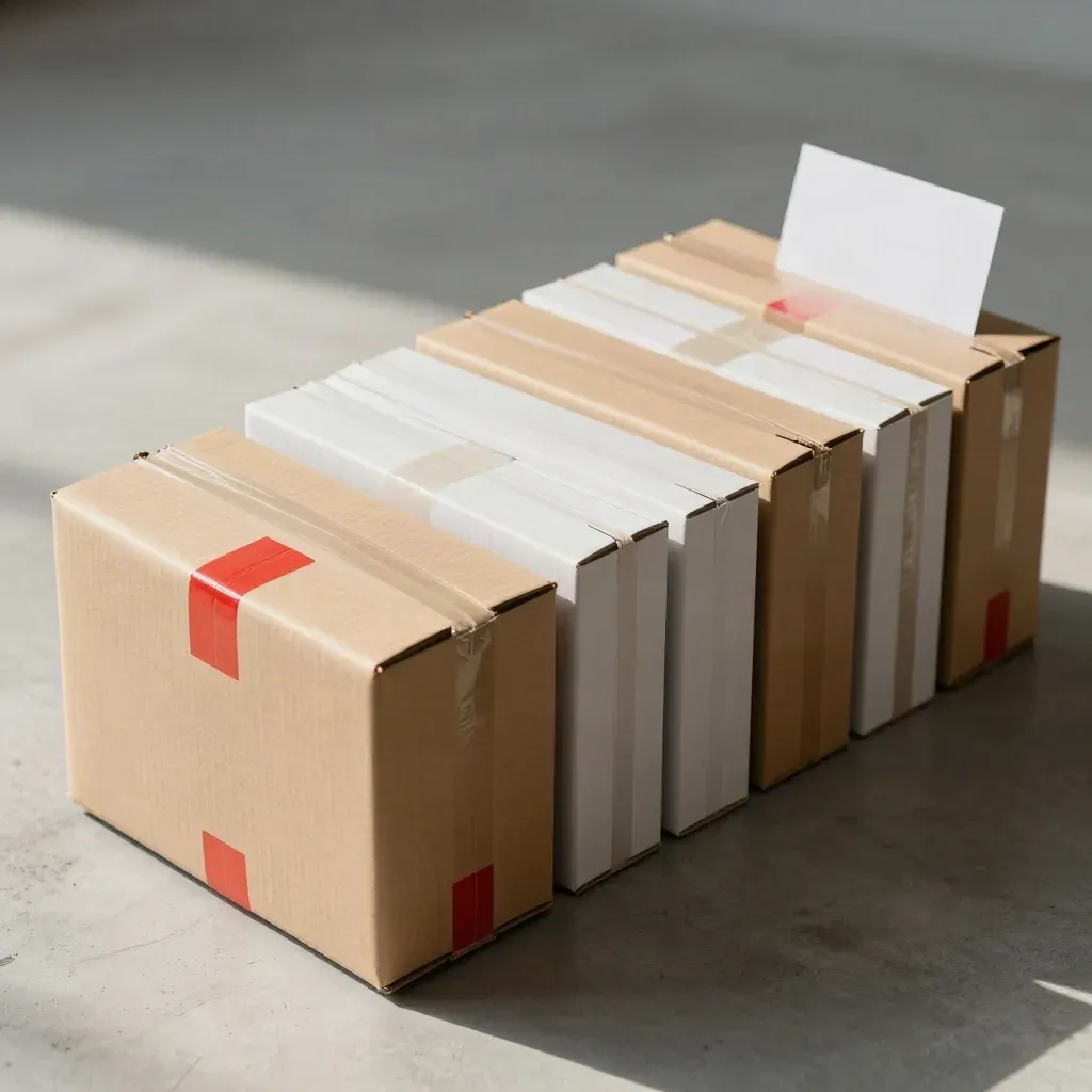 Ten courier parcels in a marching row on pale concrete, viewed from above.