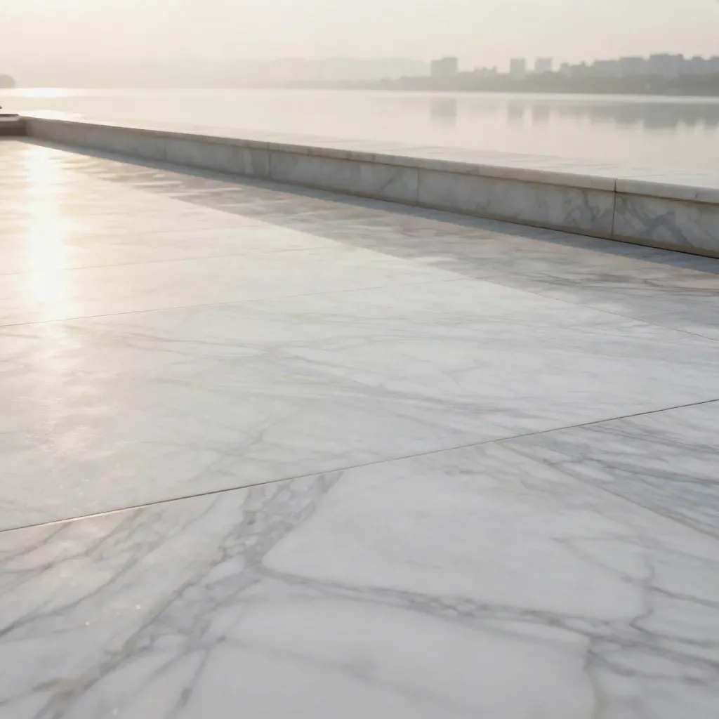 Wet pale marble dock terrace at sunrise with mist, skyline, and bright upper ledge.