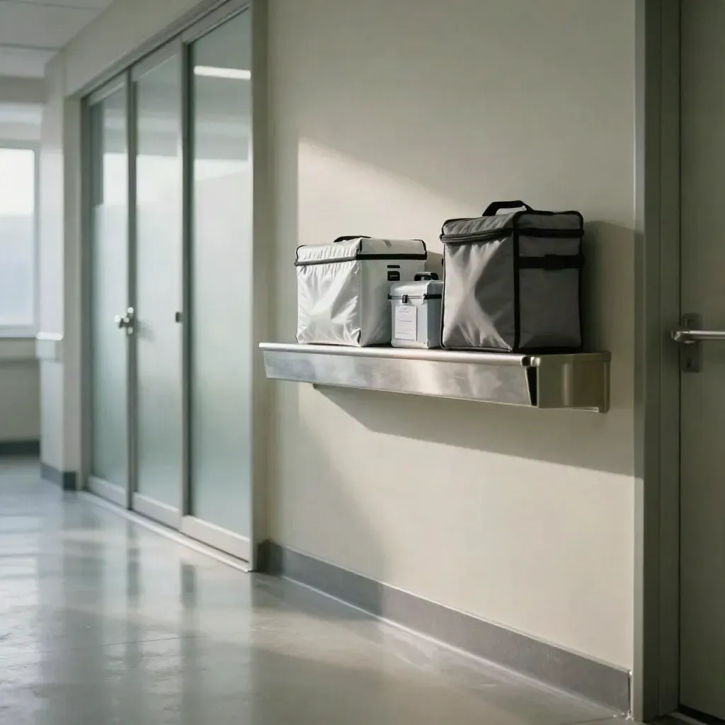 Sunlit hospital corridor with medical courier parcels and calm reflective floor space